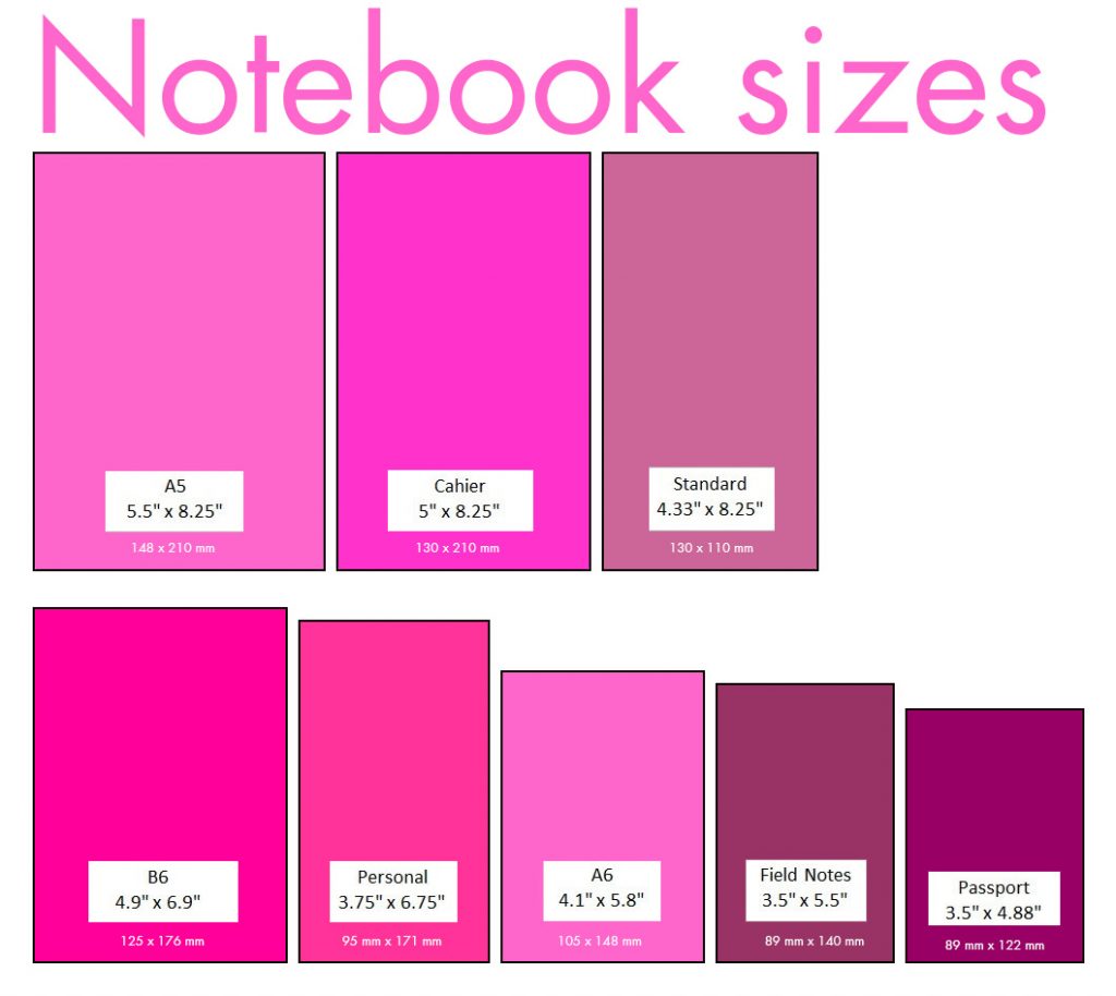 Notebook size chart with both inches and centimeters (cm)