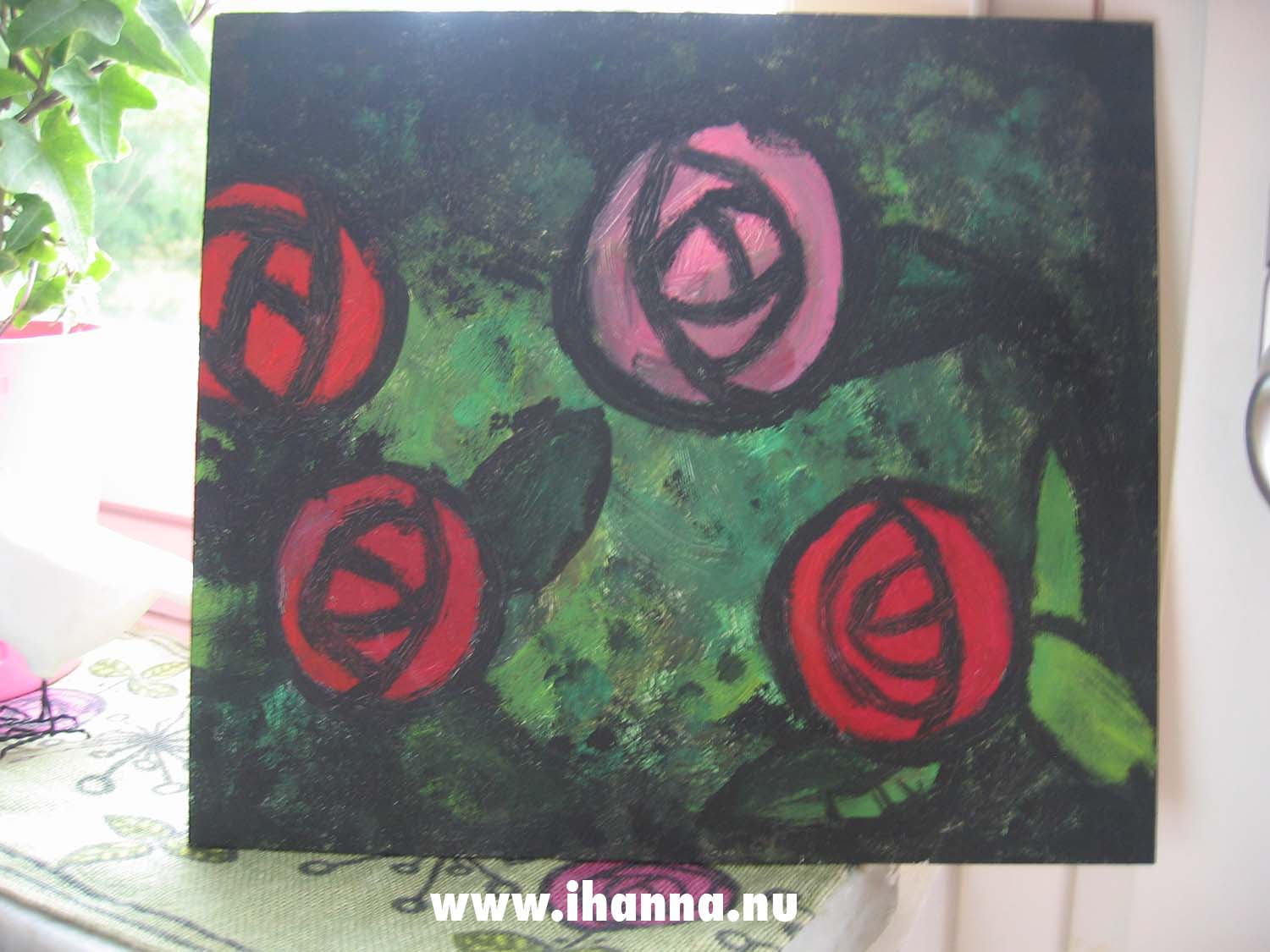 Rose painting I made in acrylic paint on wood - inspired by a window cloth I have