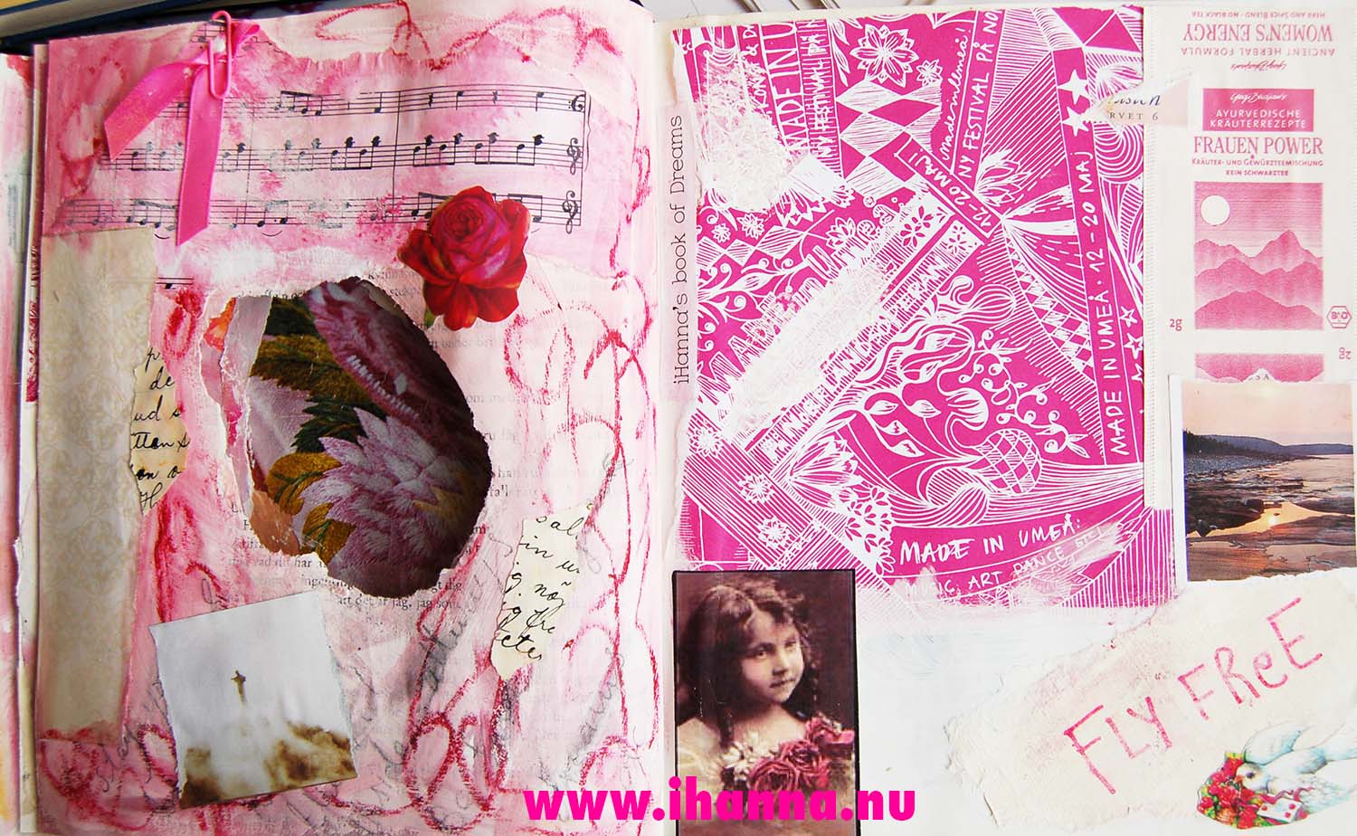 Pink spred in iHannas Book of Dreams Altered book project  (Copyright Hanna Andersson)