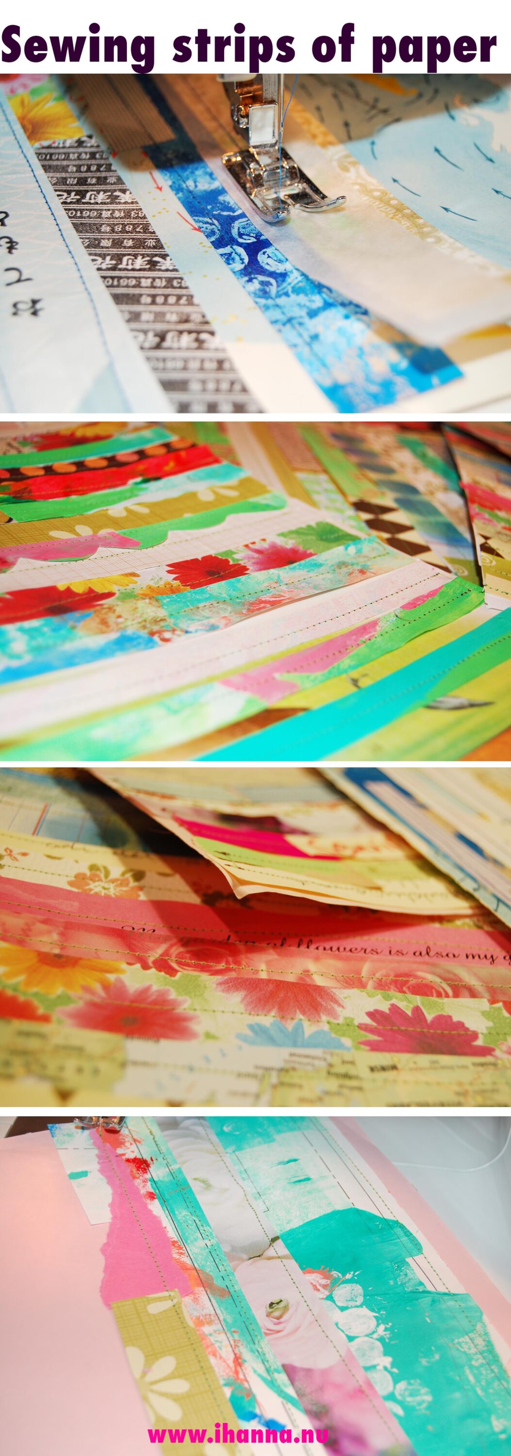 Sewing strip of paper together to create mixed media collage papers is so much fun - tutorial by iHanna (Copyright Hanna Andersson)