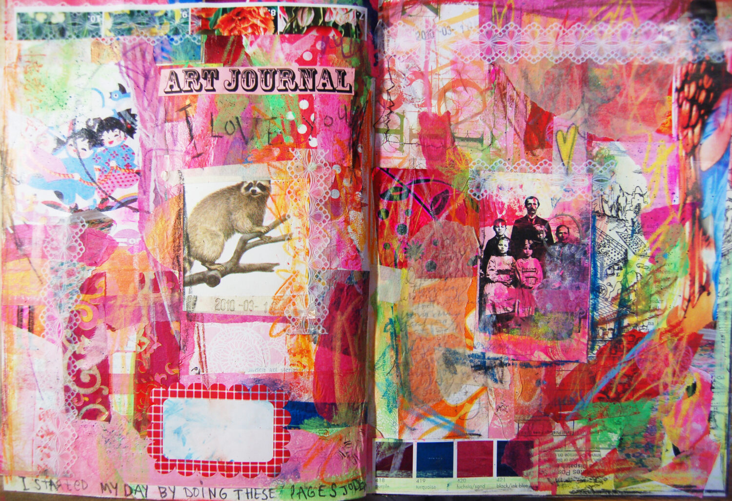 Climbing Raccoon Art Journal spread by iHanna (Copyright Hanna Andersson)