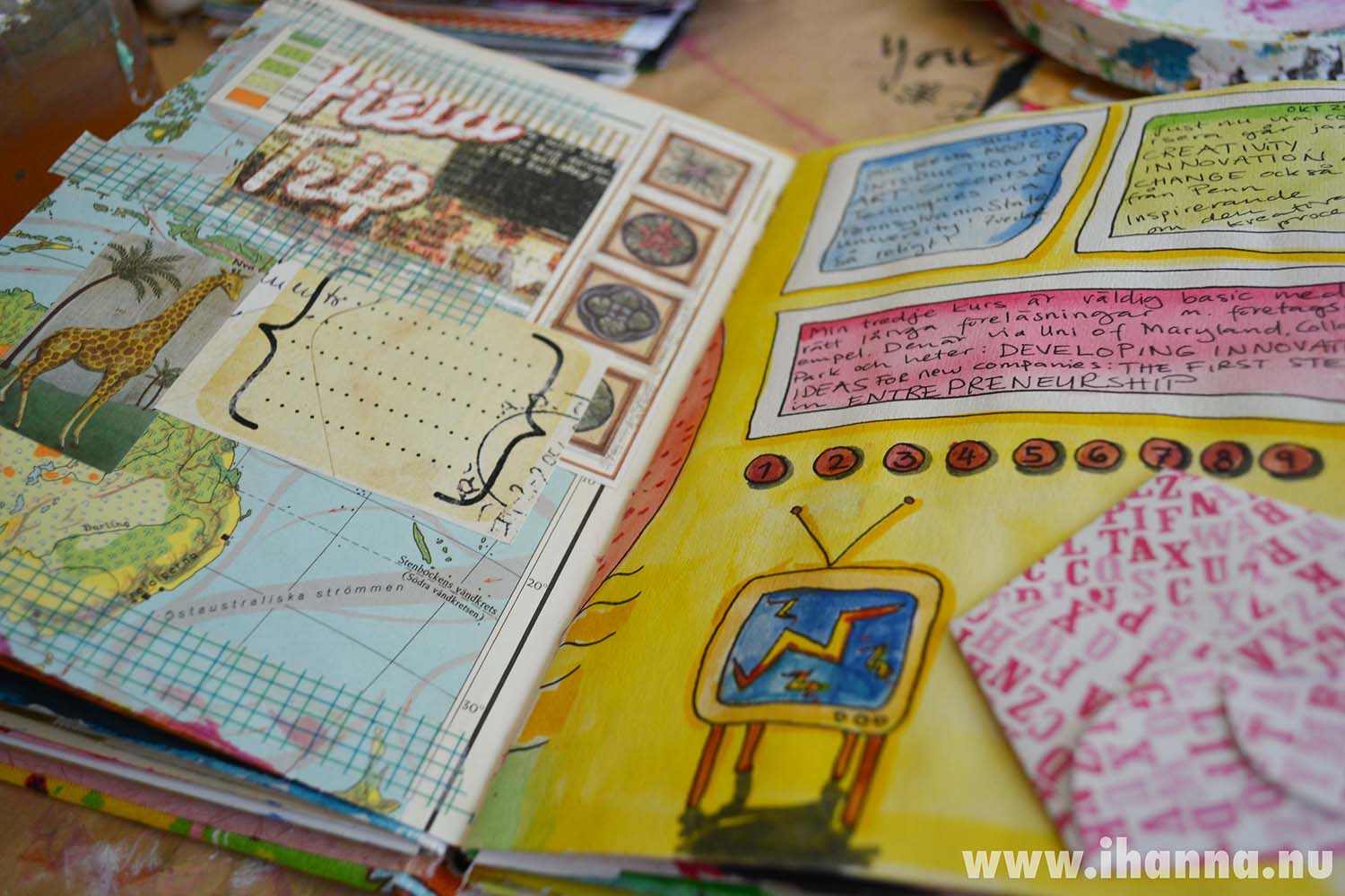 Art journal spread by iHanna: tv and lettering (Copyright Hanna Andersson)