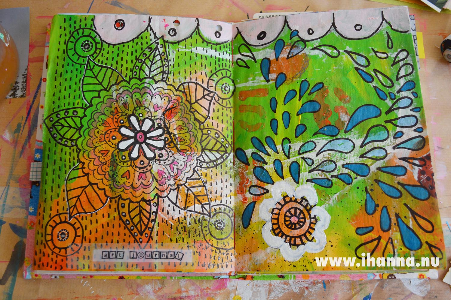 Art journal spread by iHanna: Doodled mandala flower on brown paper (Copyright Hanna Andersson)