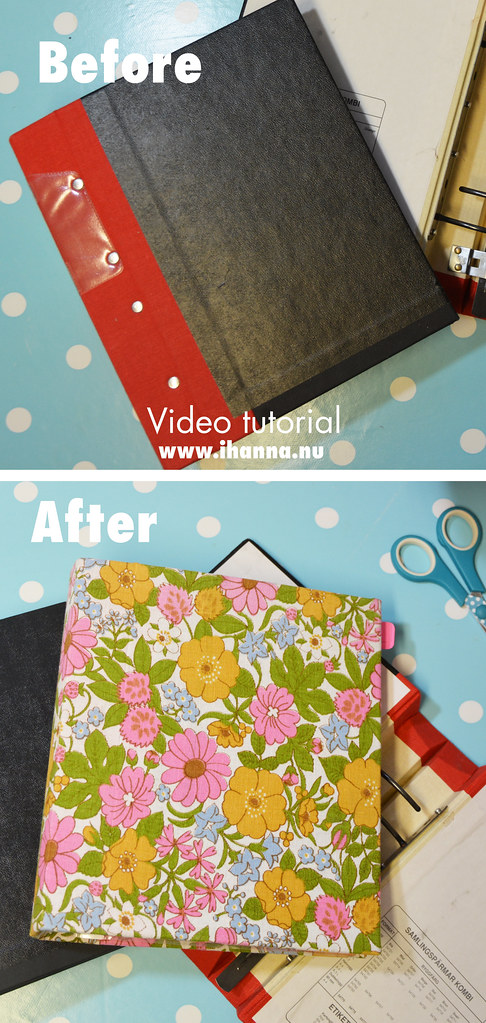 Before and After - How to cover a ring binder with fabric (video tutorial) by iHanna