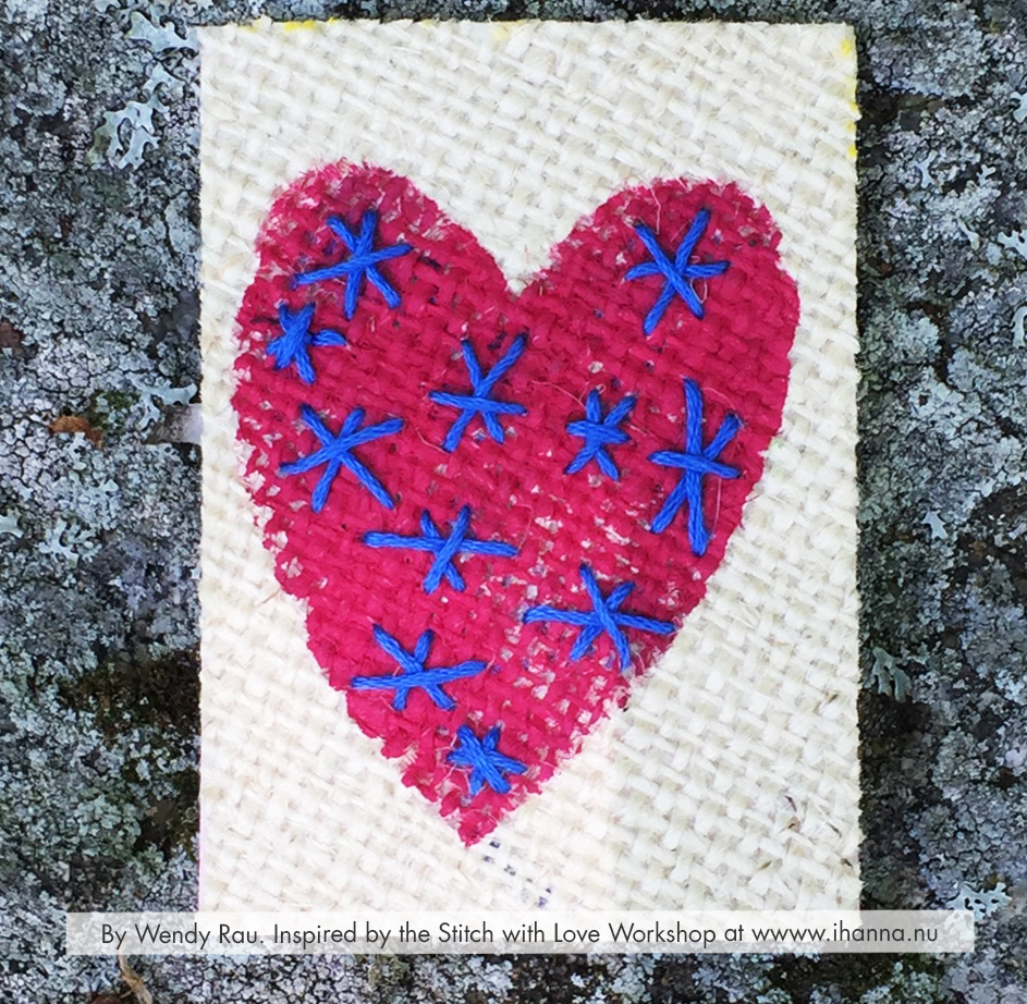 Painted Embroidered mixed media ATC by Wendy Rau inspired by iHannas embroidery workshop Stitch with Heart (online at www.ihanna.nu) #embroidery