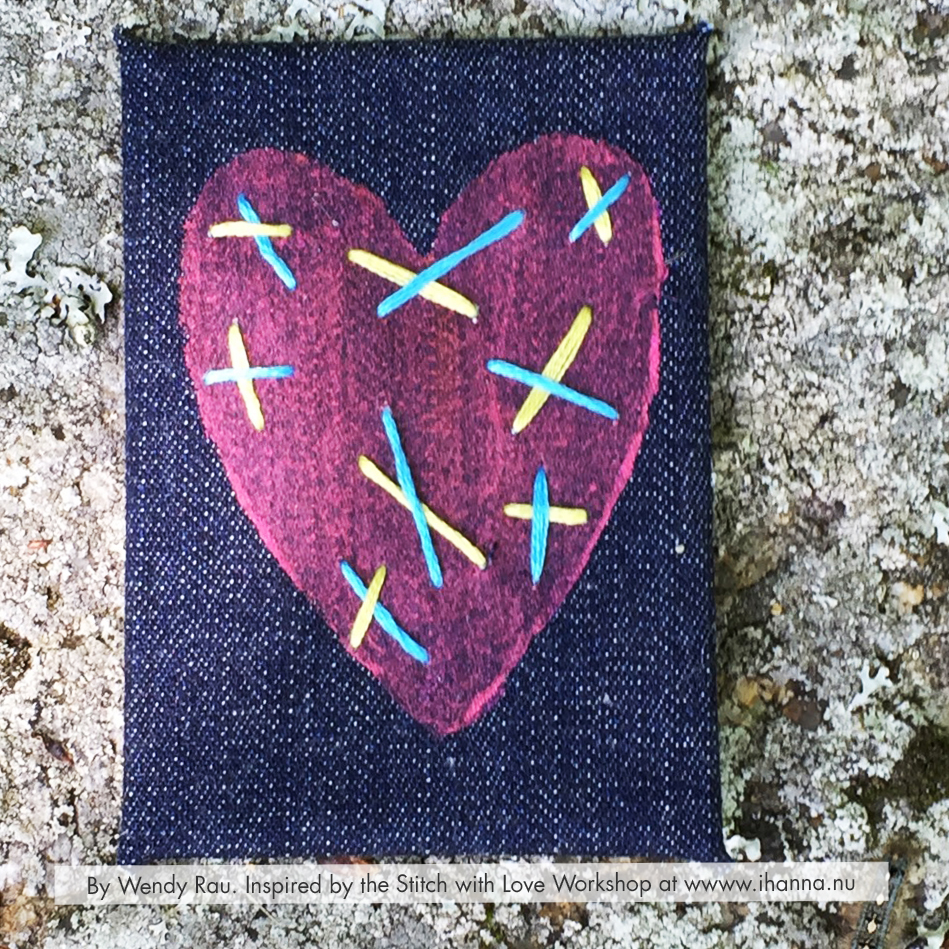 Jeans Embroidered mixed media ATC by Wendy Rau inspired by iHannas embroidery workshop Stitch with Heart (online at www.ihanna.nu) #embroidery