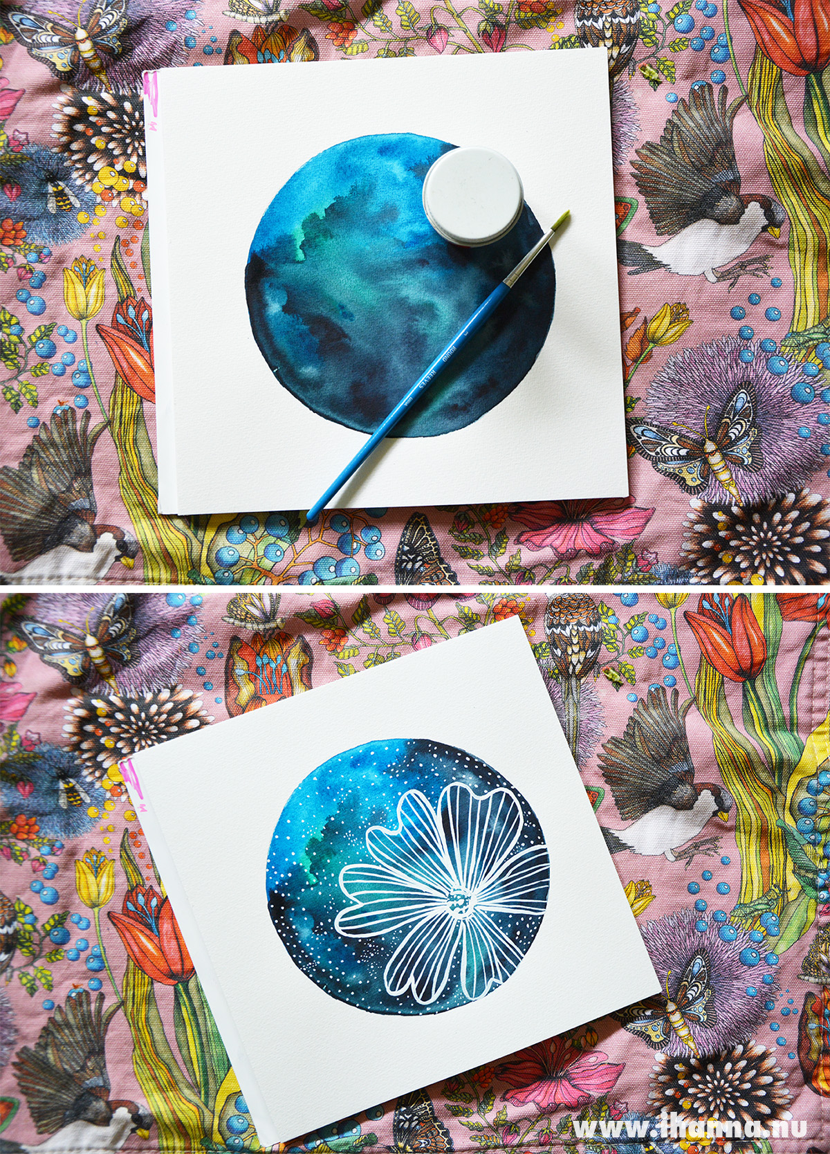 Floral Galaxy Painting by iHanna from a Skillshare class - made with Watercolor and White Ink