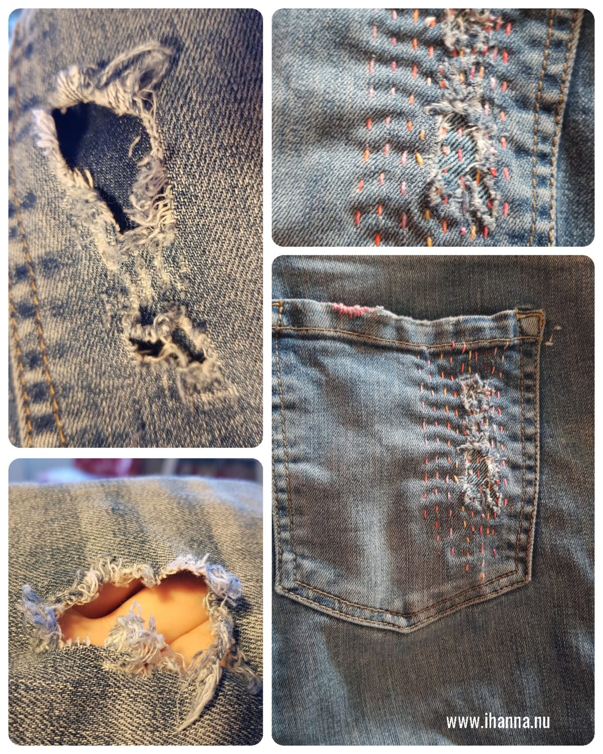 Mending jeans with patches and visible stitching is SO fun. Photo copyright Hanna Andersson