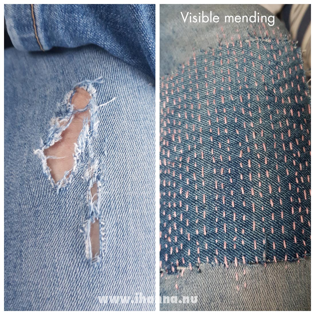 Mending jeans with patches and visible stitching is SO fun. Photo copyright Hanna Andersson