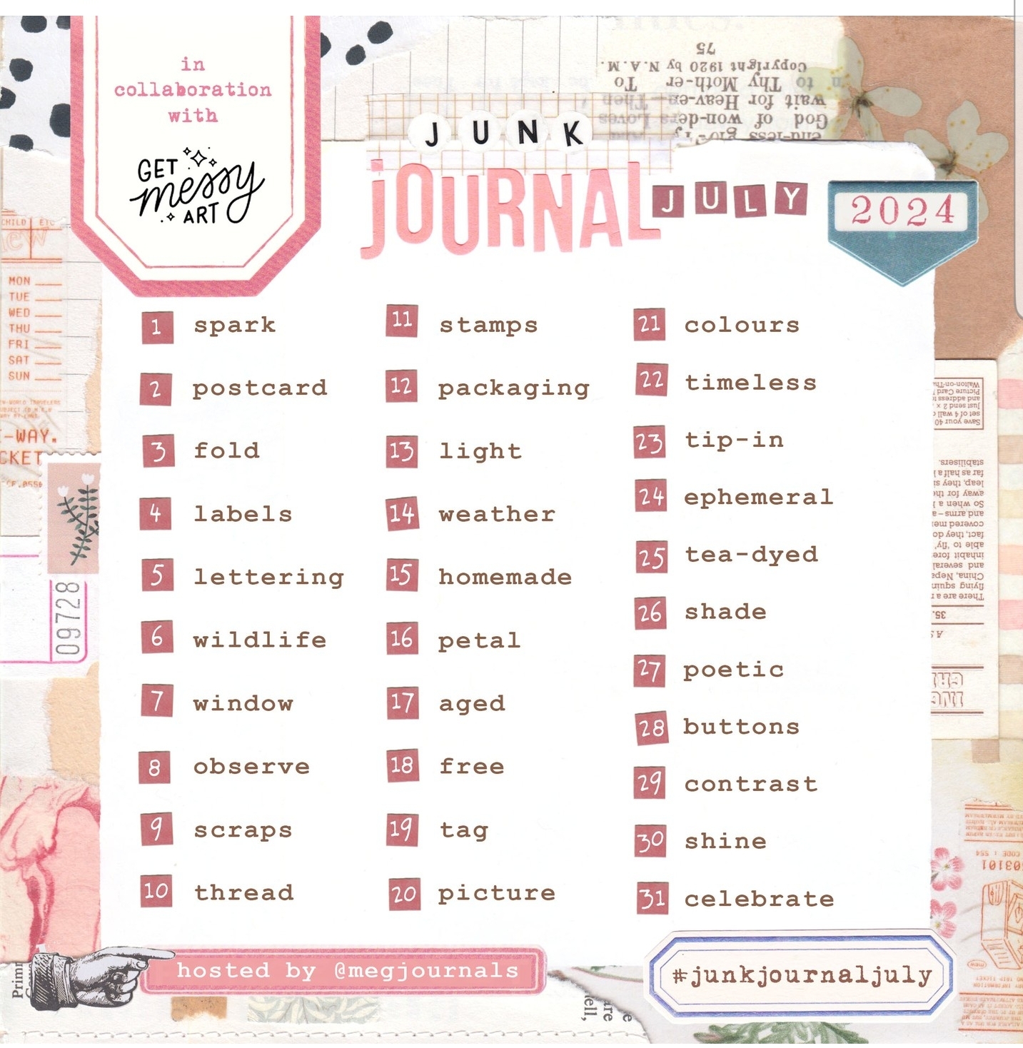 Megjournals challenge #junkjournaljuly 2024 prompts day by day 
