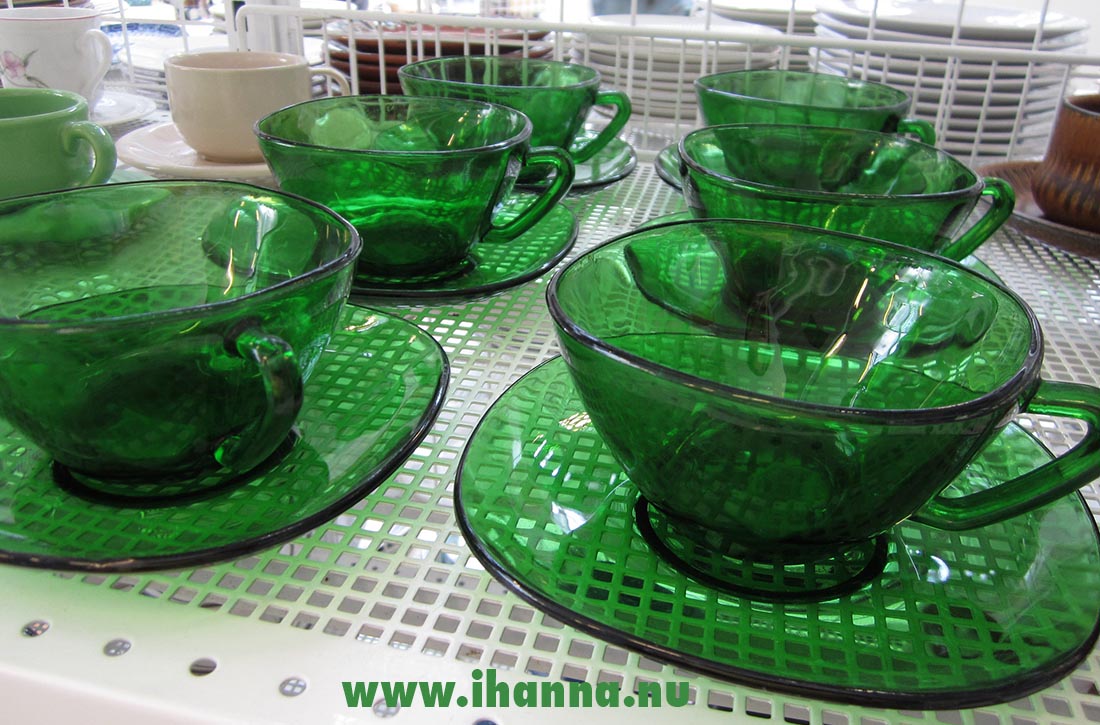 Green glass coffee cups - thrift shop inspiration found by Hanna Andersson