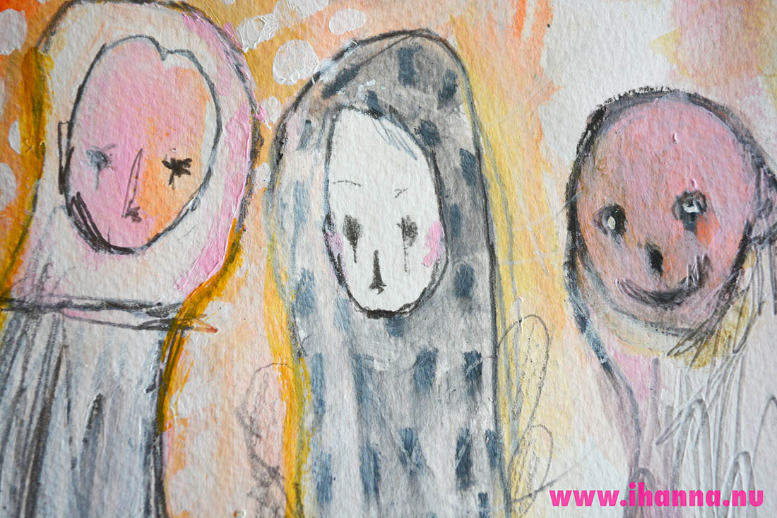 Three friends peeking through in my Art Journal painted by Hanna Andersson. All rights reserved.