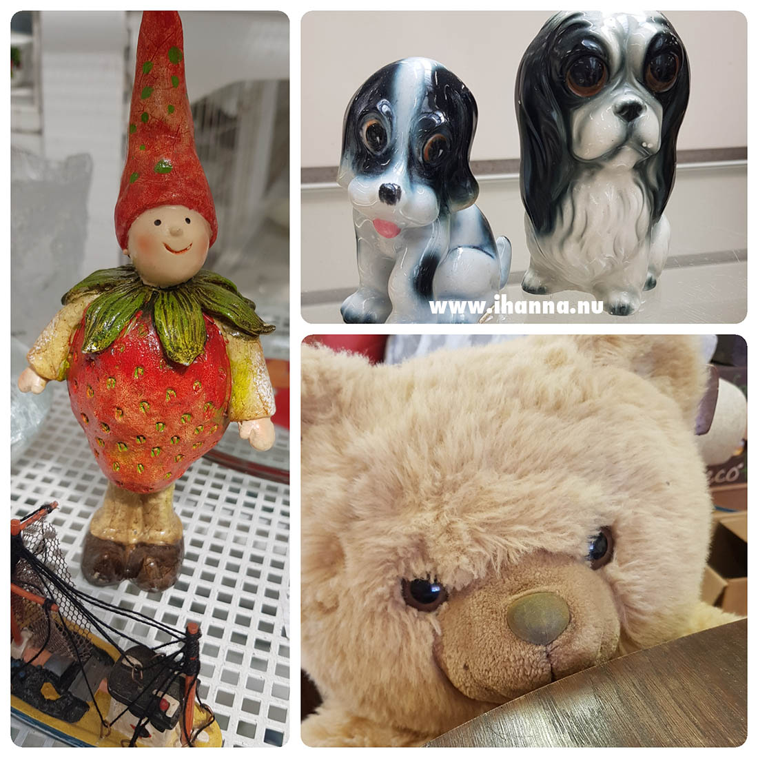 Thrift Shop Inspiration : Strawberry boy, sad ceramic dogs and big teddy bear - Photo copyright Hanna Andersson