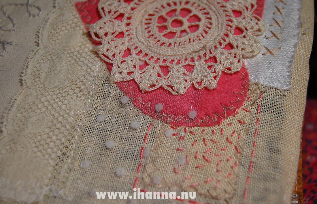 Heart and doily detail of Fabric Lace Notebook cover made by iHanna, copyright Hanna Andersson