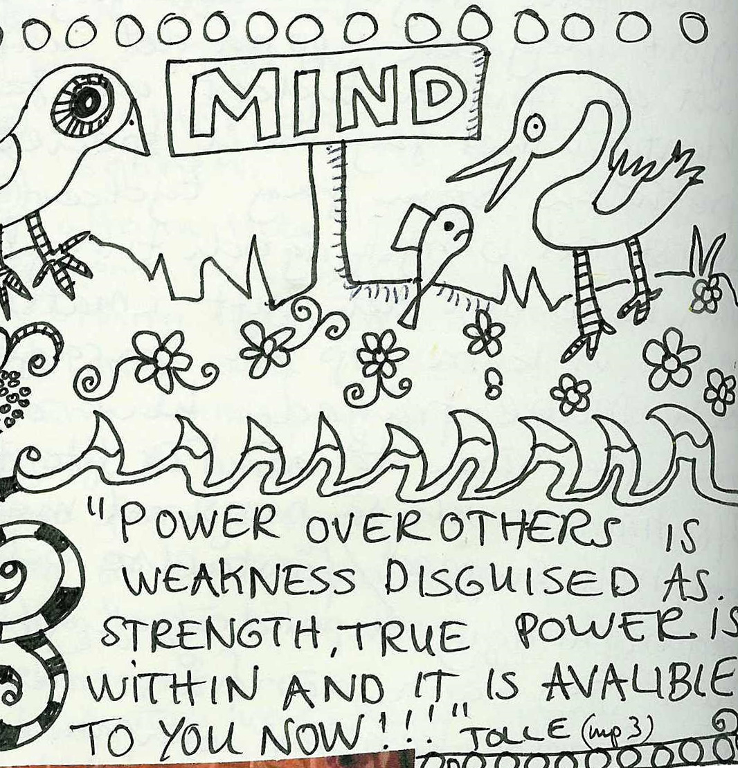 Mind diary doodle and the Tolle  quote Power over others is weakness disguised as strength, true power is within and it is available to you now (doodle by iHanna, copyright Hanna Andersson)