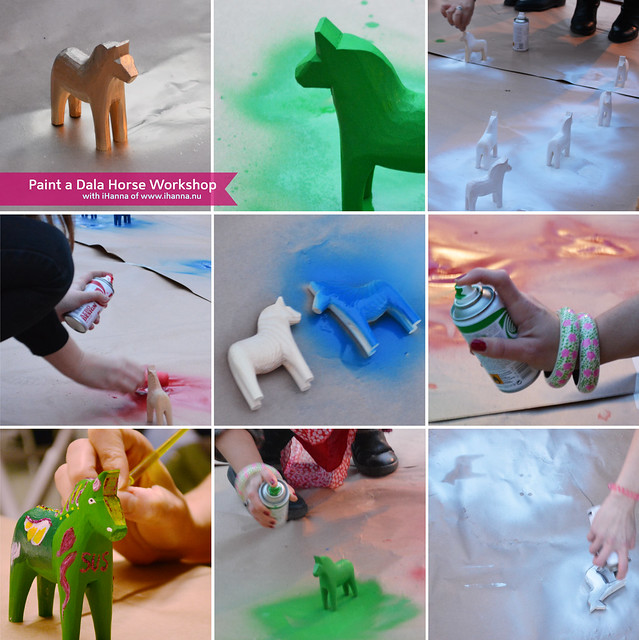 Dala Horses being spray painted at Stockholm university Paint Your Own Dala Horse Workshop with Hanna Andersson in Sweden (Photo Copyright Photo Hanna Andersson) #dalahäst