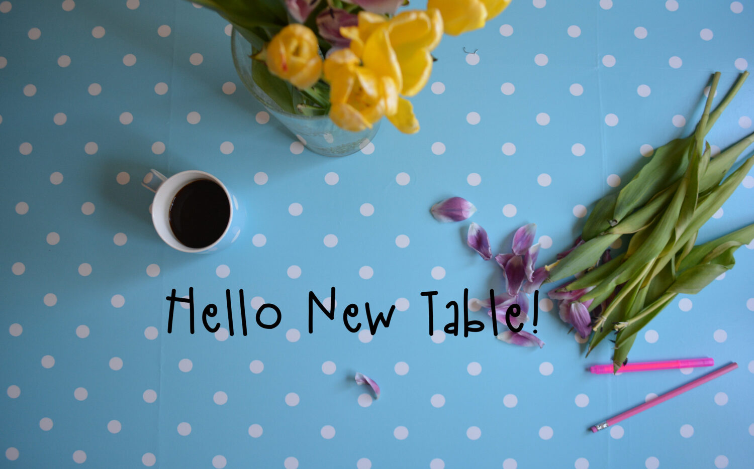 Hello to my new polka dot table covered in a cute blue oil cloth (photo copyright Hanna Andersson)