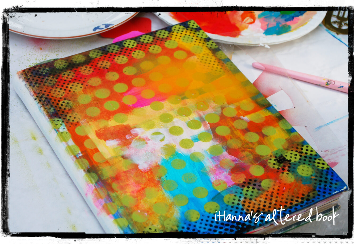 Altered book to use as Art Journal with iHanna's dotted cover (Copyright Hanna Andersson)