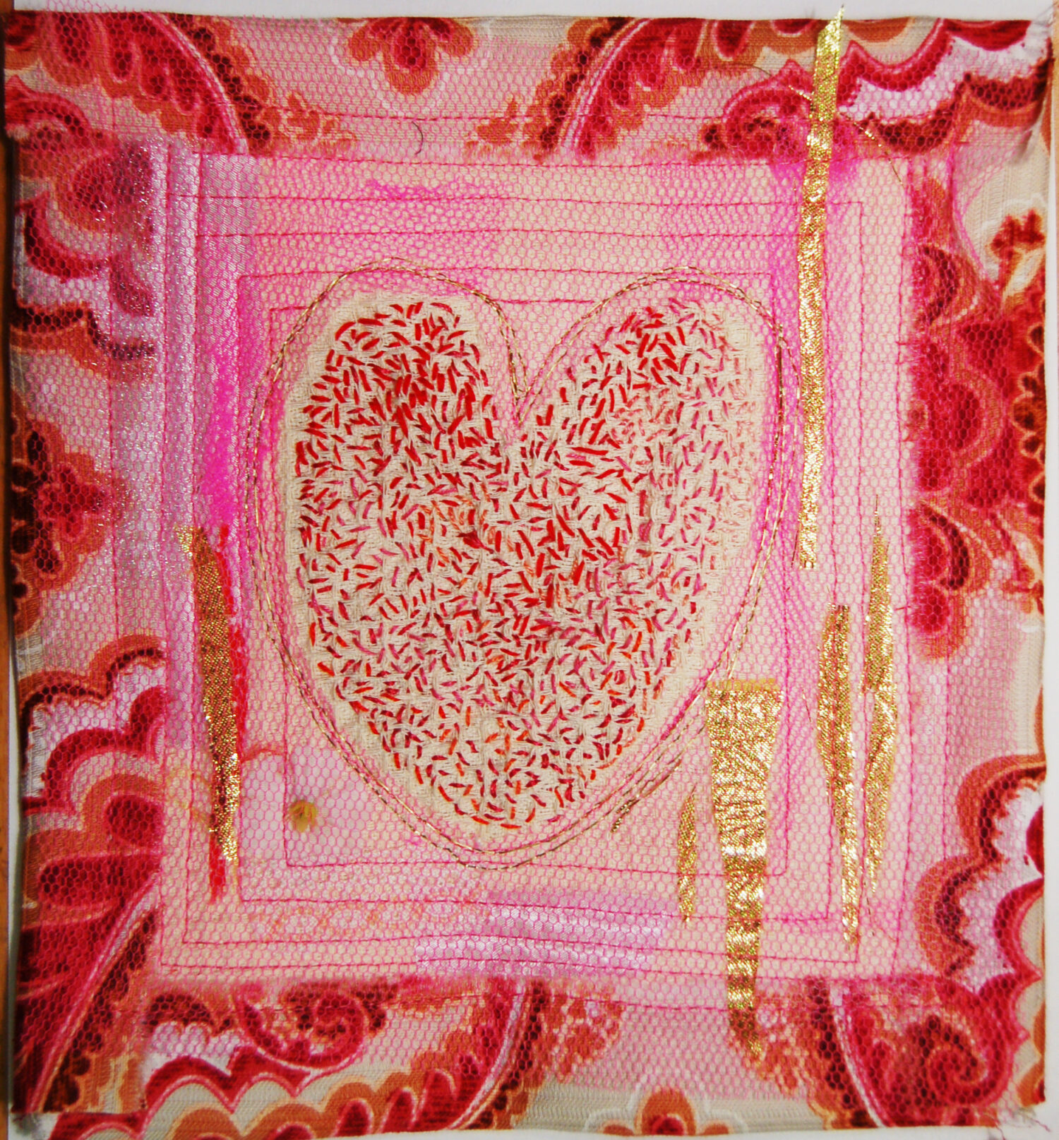 Pink Sweet Heart art quilt embroidery textile art piece with many many stitches by iHanna (Copyright Hanna Andersson)