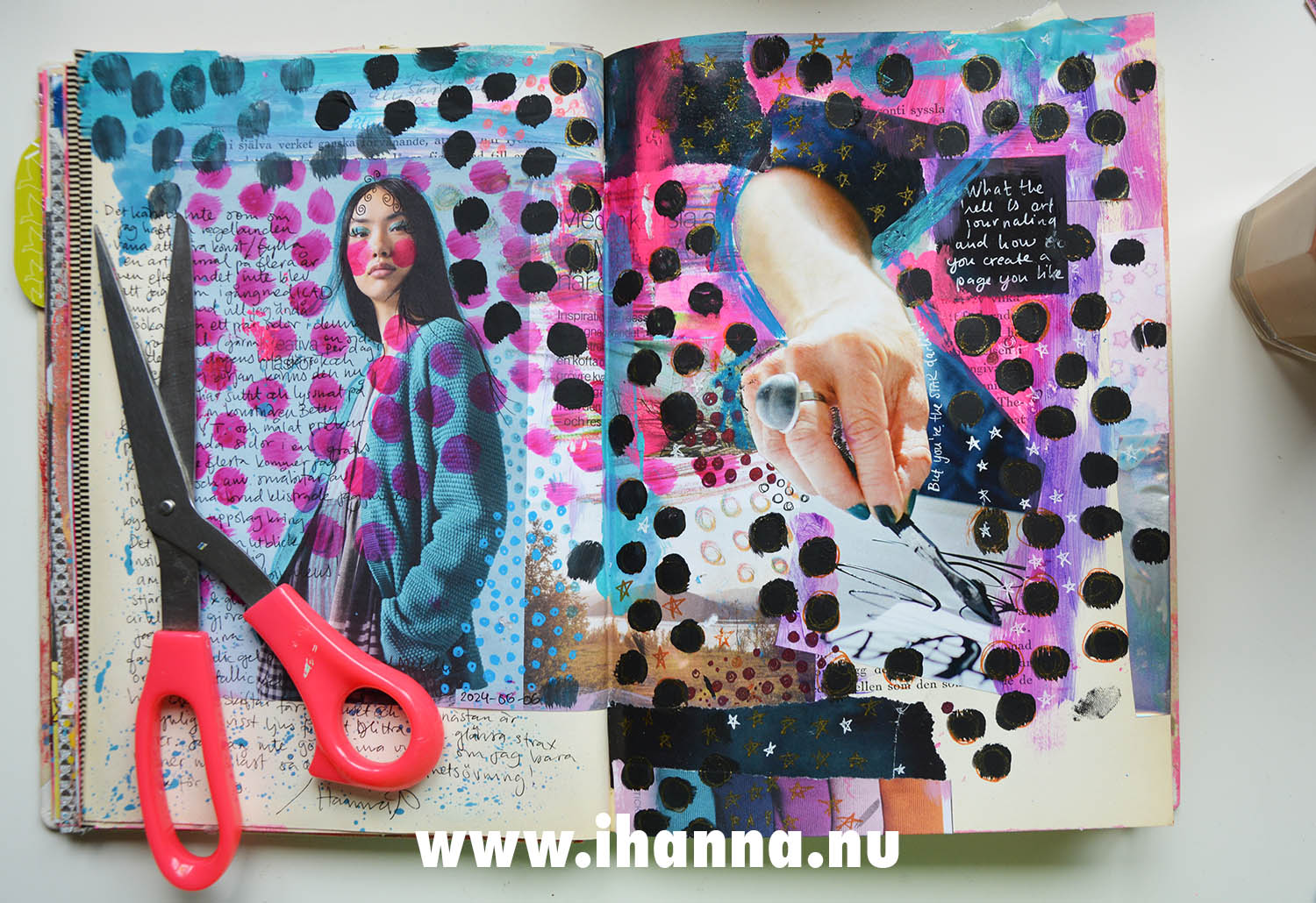 Art Journal spread in altered book, by iHanna in 2024 (Photo copyright Hanna Andersson)