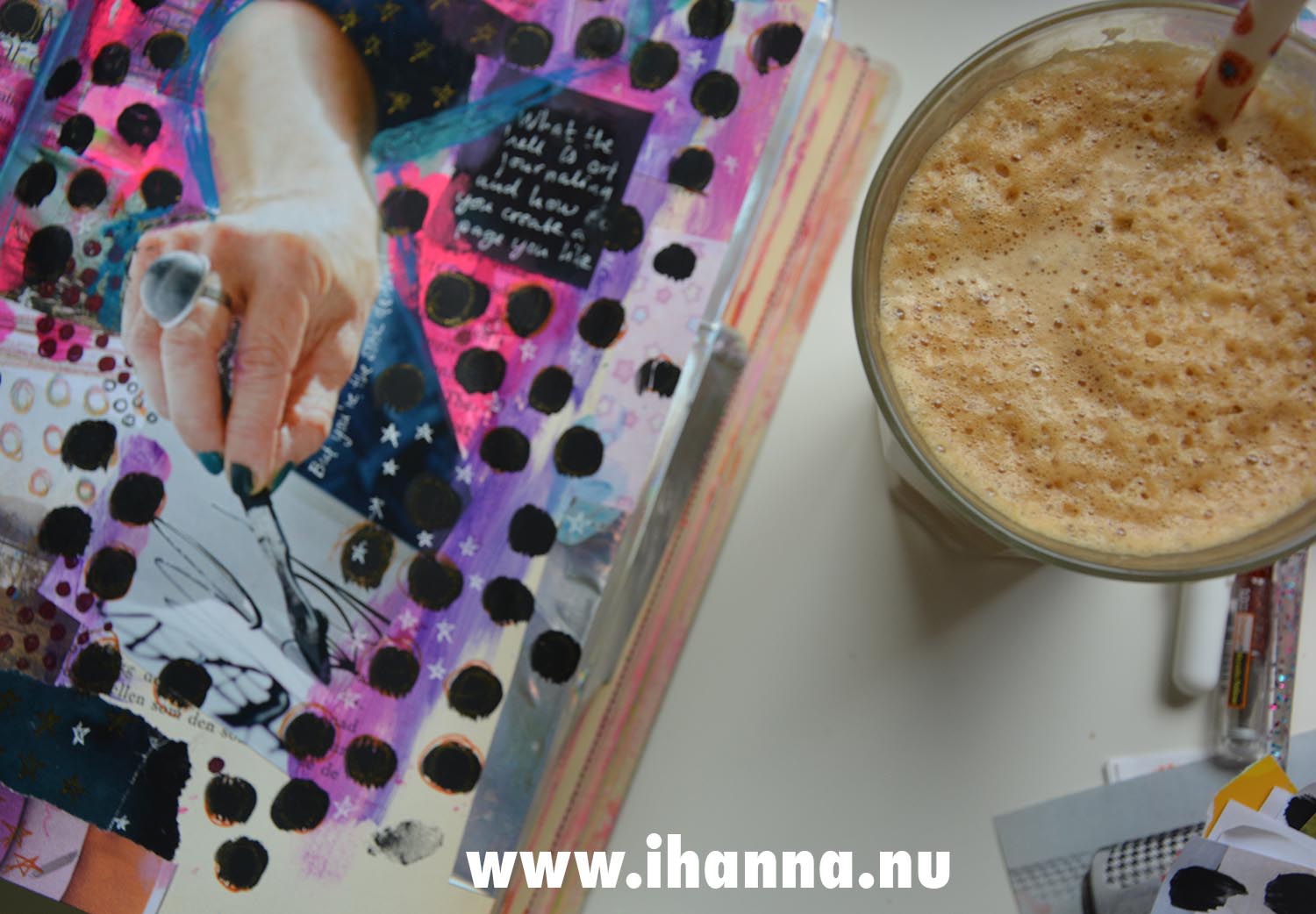 Ice coffee and Art Journal detail with aging hand made by iHanna in 2024 (Photo copyright Hanna Andersson)