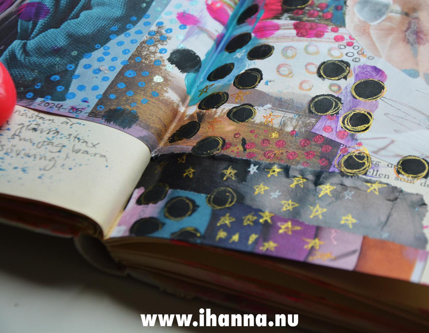 Art Journal detail with painted polka dots circled in gold - in altered book, by iHanna in 2024 (Photo copyright Hanna Andersson)