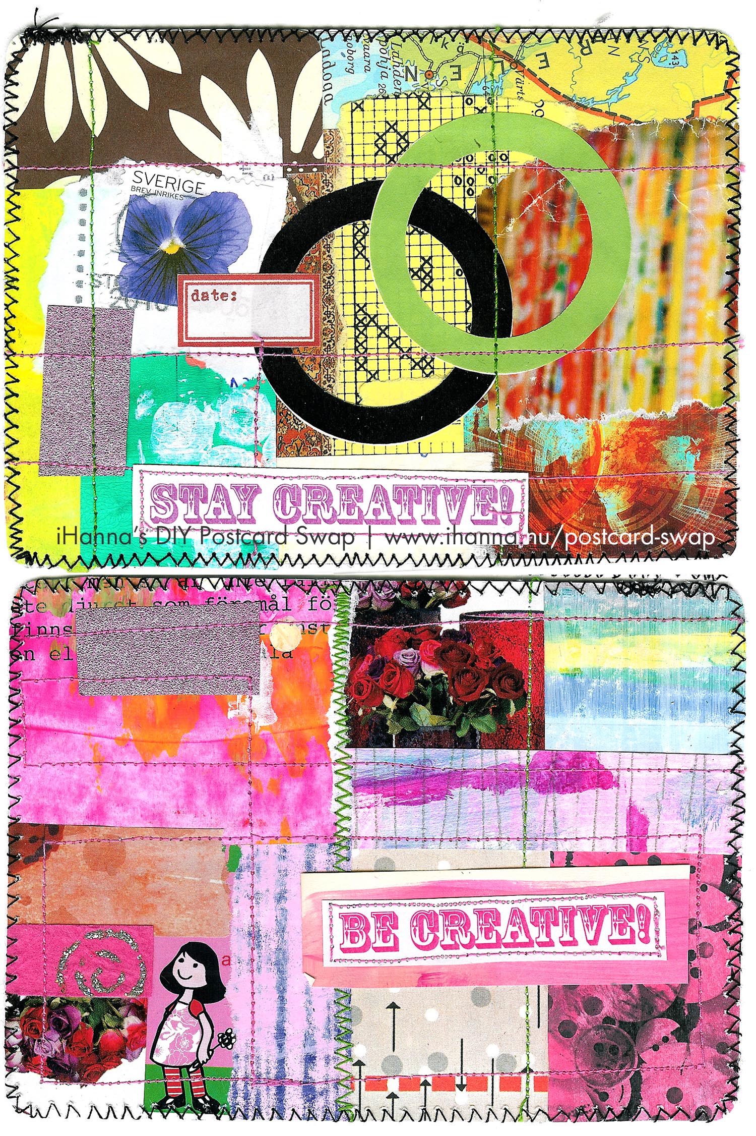 Sewn together DIY Postcards Stay and be creative made by iHanna 2011 for iHannas DIY Postcard Swap (Photo copyright Hanna Andersson)