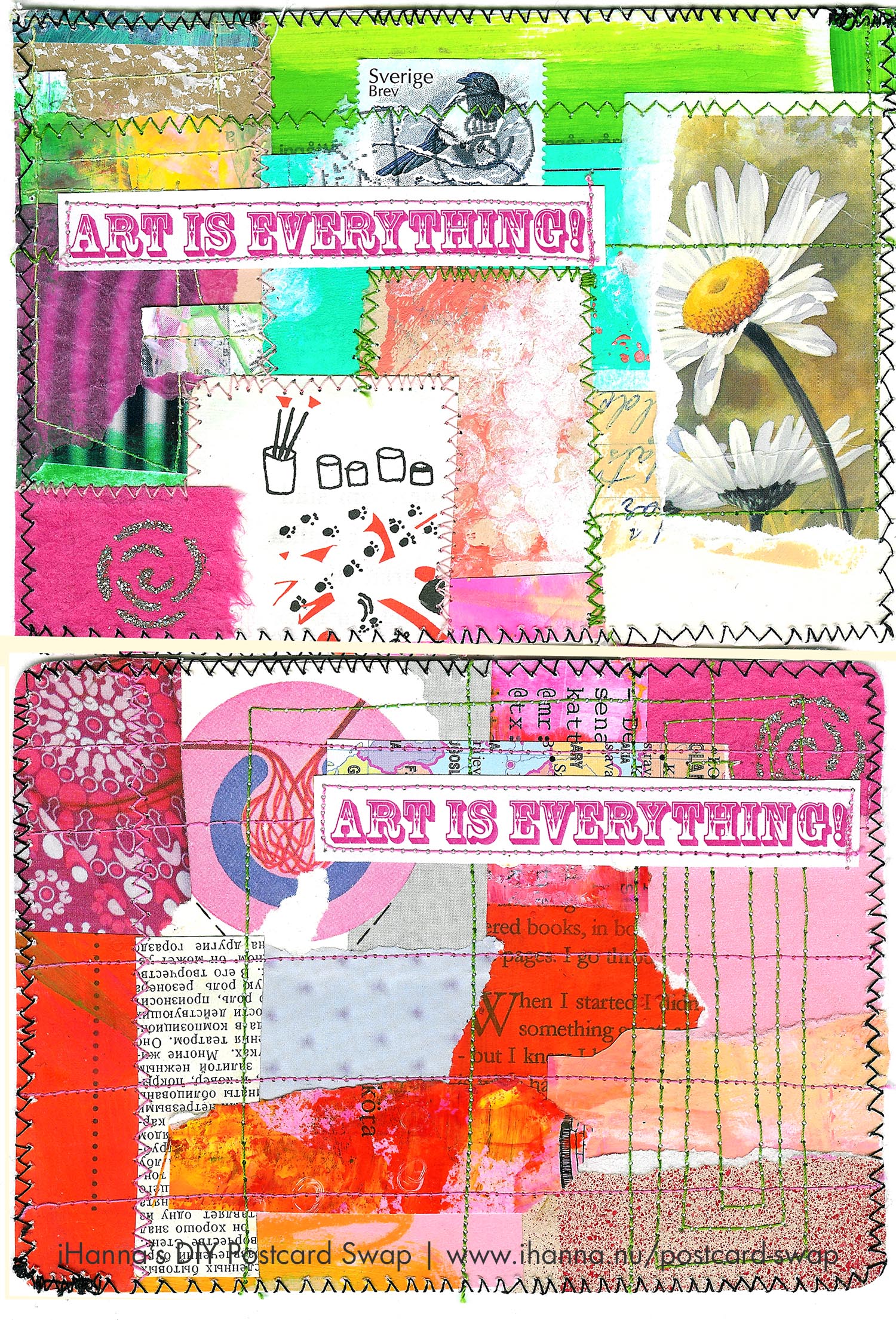 DIY Postcard pile sewn and collaged by  iHanna 2011 for iHannas DIY Postcard Swap (Photo copyright Hanna Andersson)