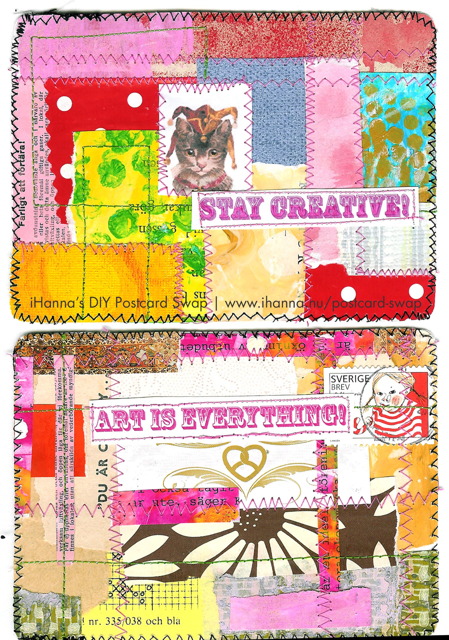 Sewn together DIY Postcards Art is Everything made by iHanna 2011 for the international iHannas DIY Postcard Swap (Photo copyright Hanna Andersson)