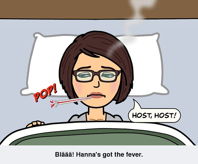 Bitstrip illustration of iHanna in bed with a fever, caughing her day away