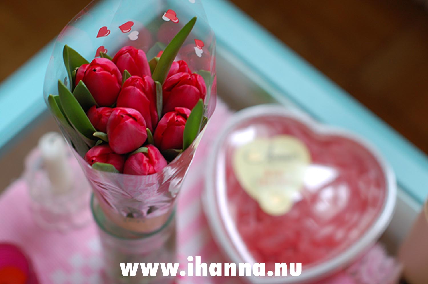 Red Valentine tulips and gel hearts as Valentine gift (Photo Copyright Hanna Andersson)