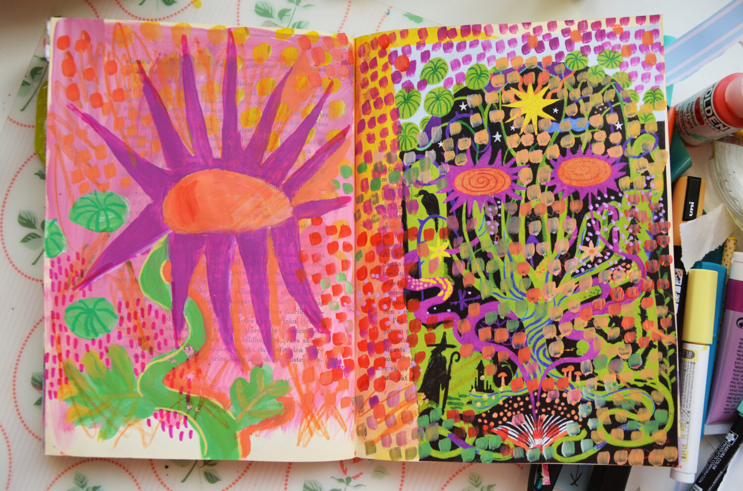 Purple flower art journal spread by iHanna (Copyright Hanna Andersson)