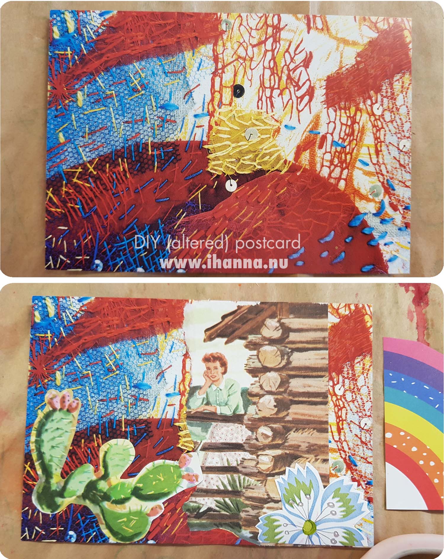 Before and after of a printed embroidery postcard by Broderiakademin and a collage on top of it by iHanna (Copyright Hanna Andersson)