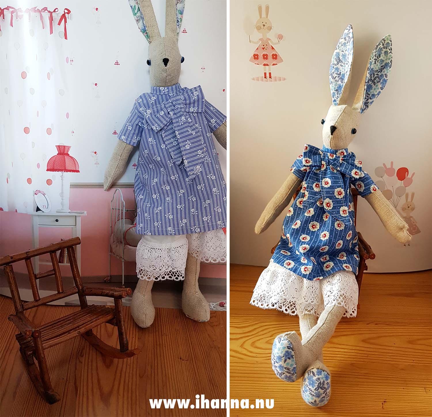 Twins Luna Lapin softies in blue bow dresses, all made by mom (Photo copyright Hanna Andersson)