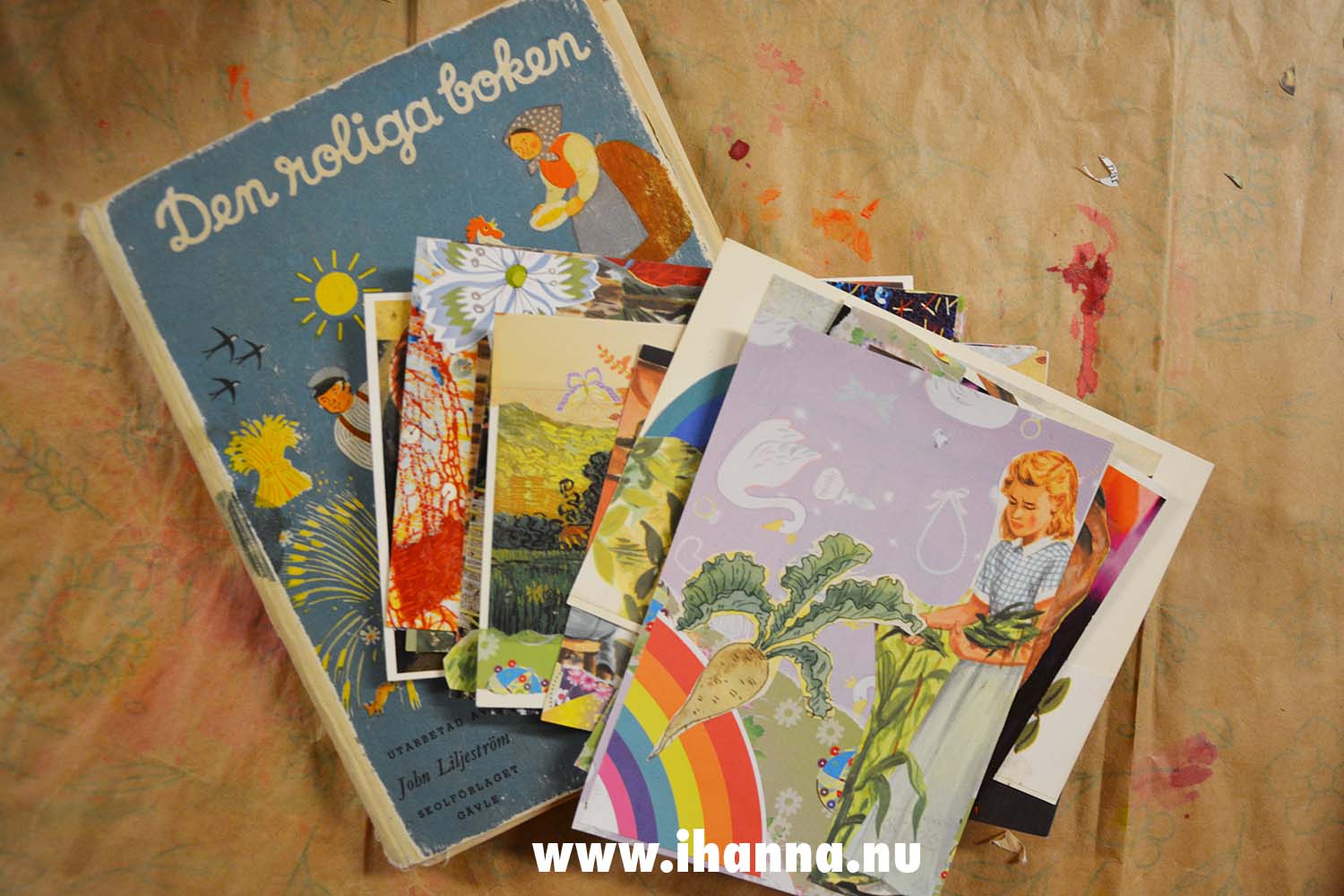 Den roliga boken filled with vintage illustrations from Sweden and some of the collages almost done (Photo Copyright Hanna Andersson)