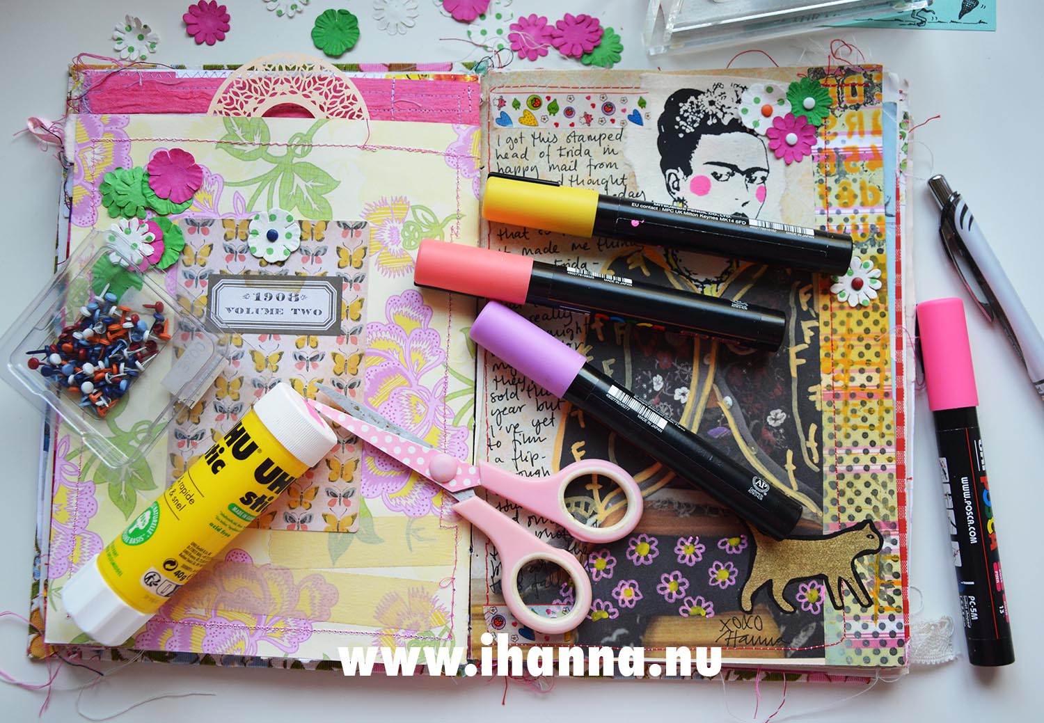 Frida Kahlo Junk Journal spread and Posca paint pens in different colors (Copyright Hanna Andersson)