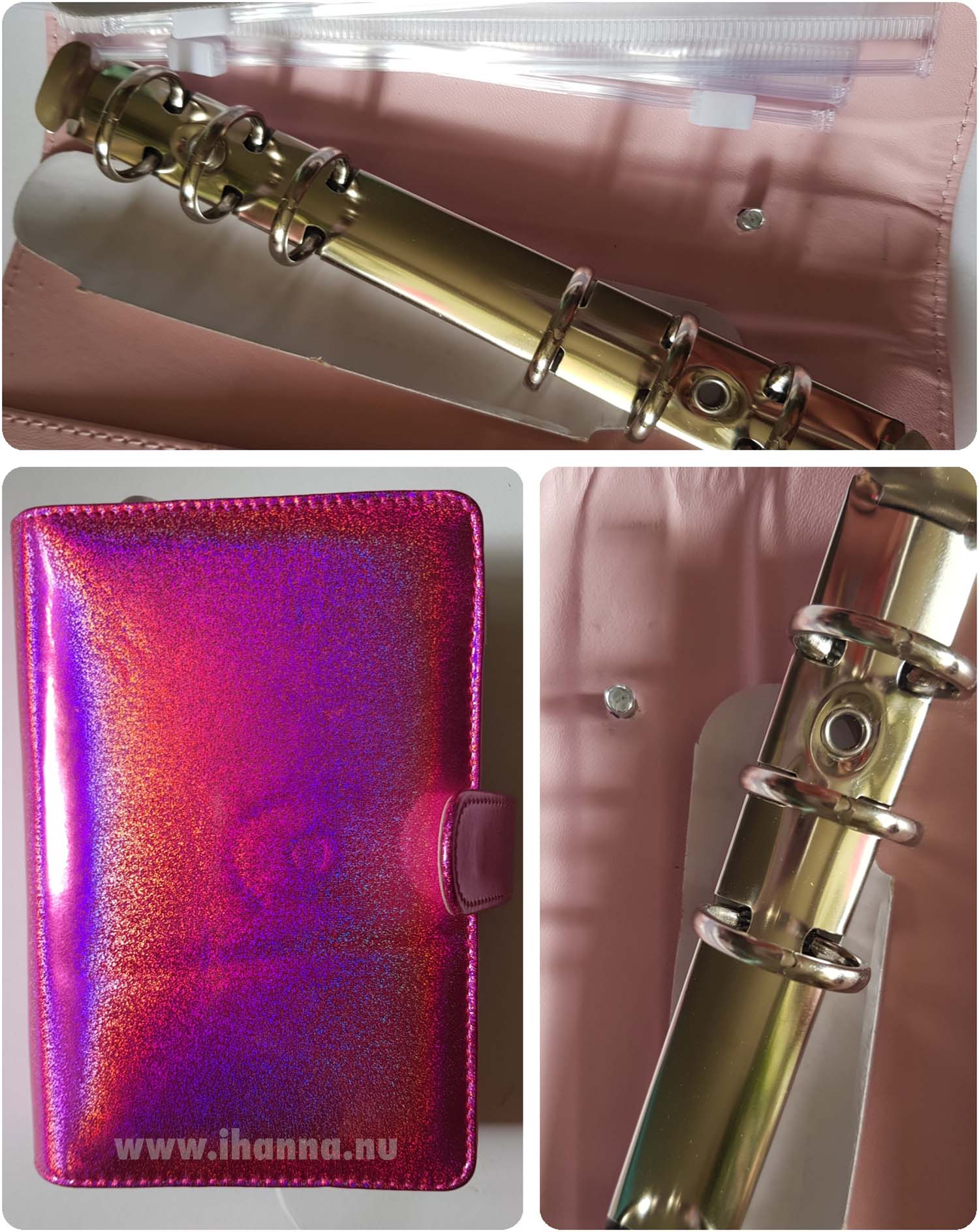 Holographic pink notebook cover with ring binder mechanism (Photo Hanna Andersson)