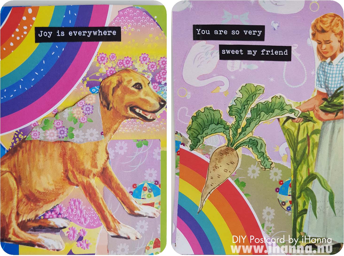 Joy dog and Sweet Friend - Altered DIY Postcard collage by iHanna (Copyright Hanna Andersson)