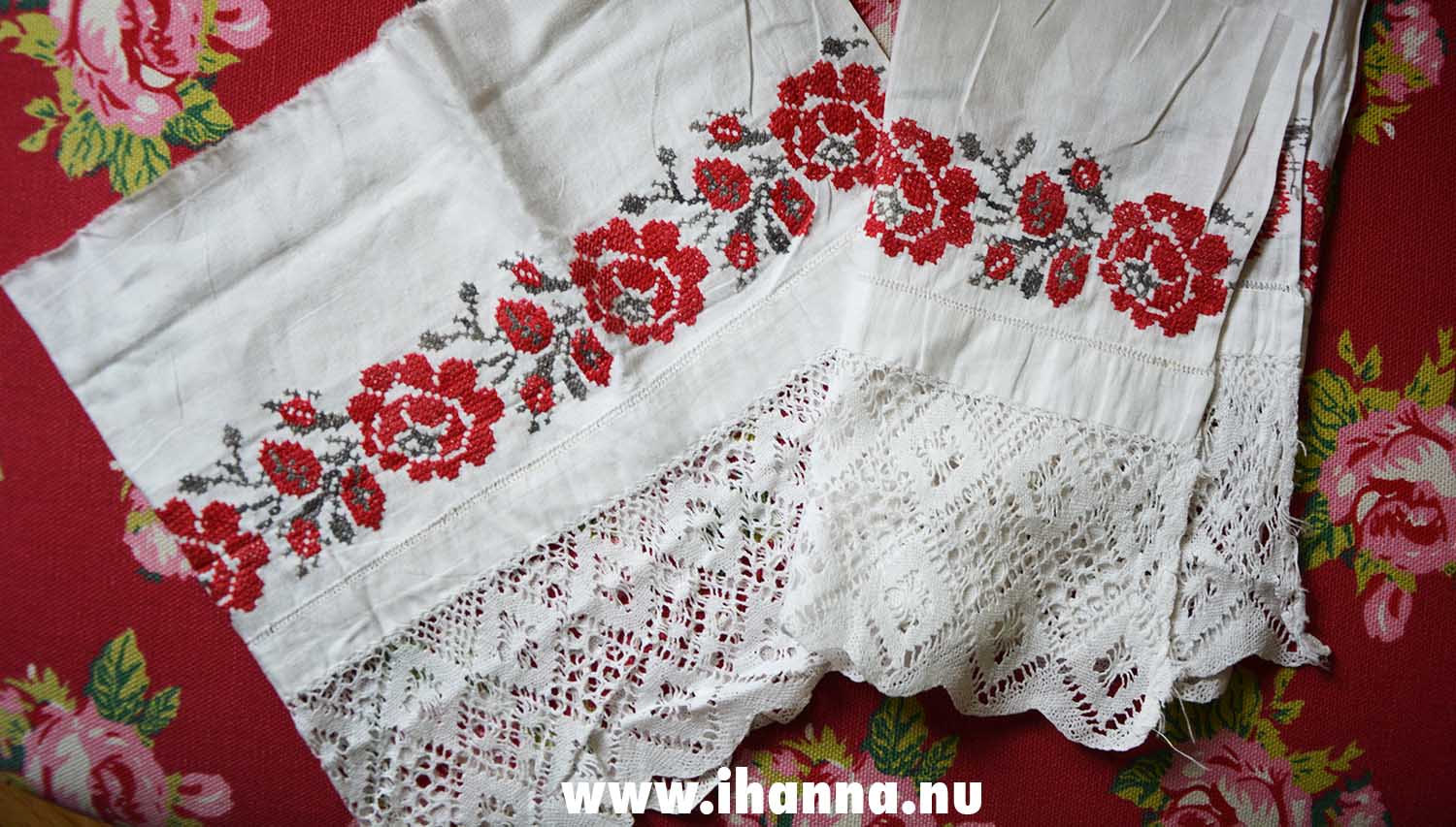 Fabric piece of embroidered table cloth with lace edge (Photo copyright Hanna Andersson)